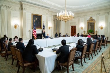 President Biden and Vice President Harris meet with Asian American, Native Hawaiian, and Pacific Islander civil rights leaders in the State Dining Room of the White House on August 5, 2021.