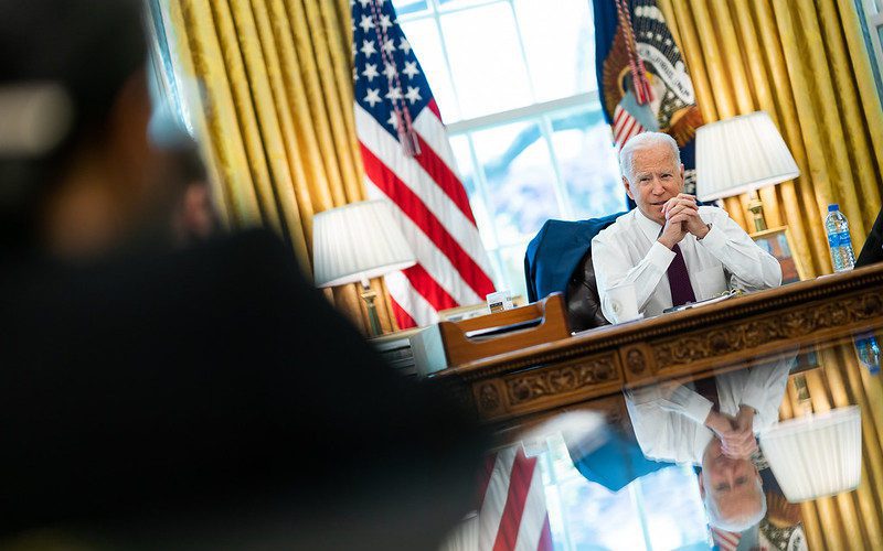 President Joe Biden meets with White House staff in the Oval Office on Tuesday, April 27, 2021. Photo courtesy of the White House.