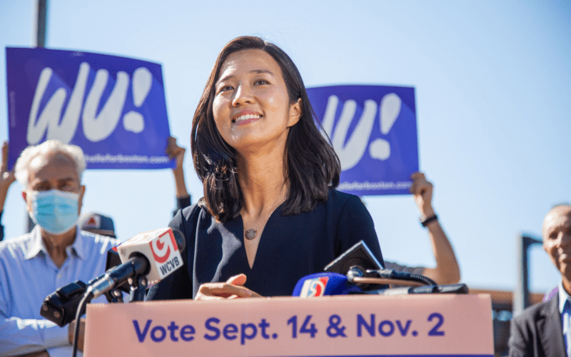 Boston mayoral hopeful Michelle Wu campaigns at Readville Station on Oct. 13, 2021. Photo courtesy of the Wu campaign.