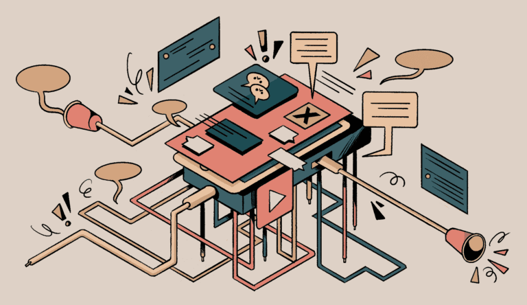 Graphic illustration showing a bunch of misconnecting wires between different social media apps and chat bubbles. The misconnecting wires are meant to reflect the misinformation that dominate these platforms.