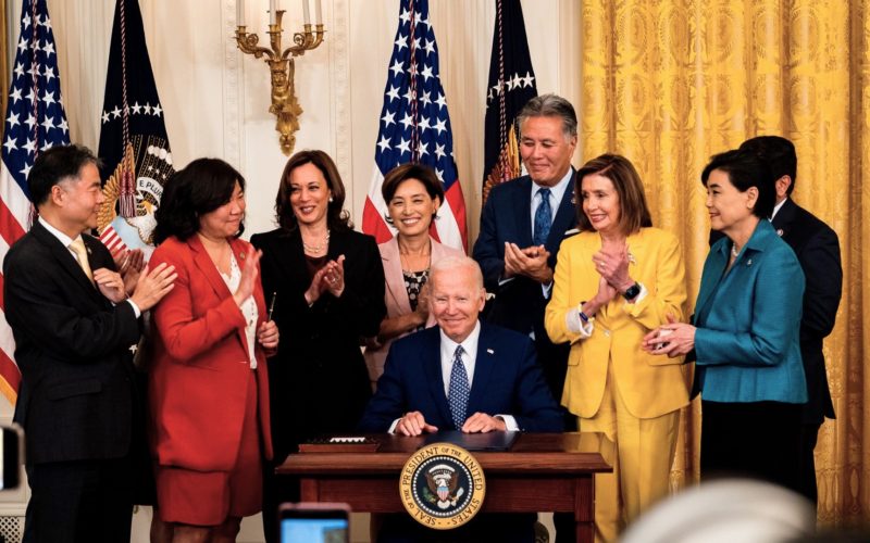 President Biden joins Vice President Harris and members of the Congressional Asian Pacific American Caucus at the signage ceremony for H.R. 3525, the "Commission To Study the Potential Creation of a National Museum of Asian Pacific American History and Culture Act," at the White House in Washington, D.C. on June 13, 2022. Photo courtesy of House Speaker Nancy Pelosi's office.