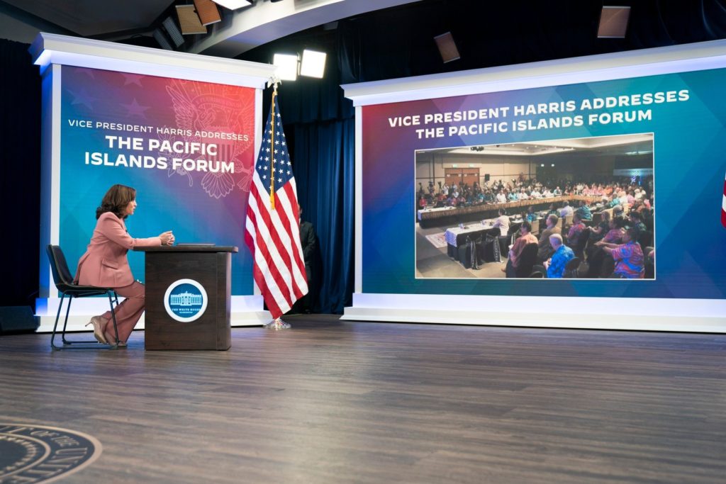 Vice President Kamala Harris addresses the Pacific Islands Forum on July 12, 2022. Photo courtesy of the White House.
