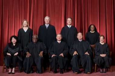 The nine justices of the U.S. Supreme Court. Photo courtesy of Fred Schilling, Collection of the Supreme Court of the United States.