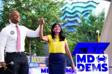 Aruna Miller (D), candidate for Lieutenant Governor of Maryland, at a rally with running mate Wes Moore. Photo courtesy of the campaign.