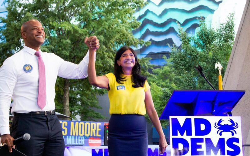 Aruna Miller (D), candidate for Lieutenant Governor of Maryland, at a rally with running mate Wes Moore. Photo courtesy of the campaign.