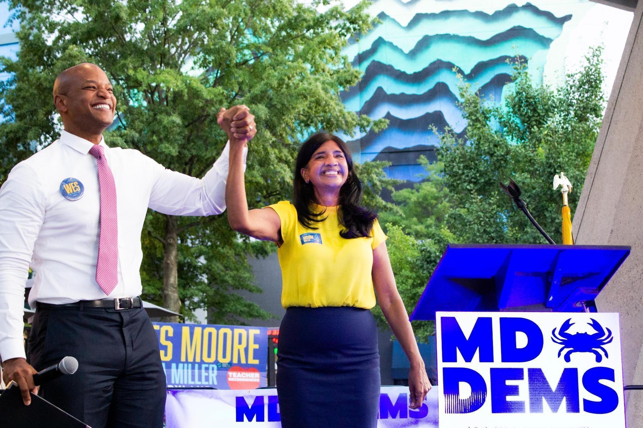 Governor Wes Moore and Lt. Governor Aruna Miller pose for a a