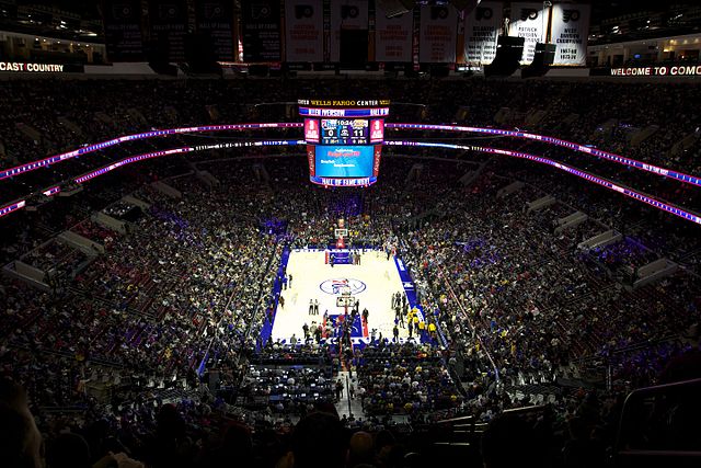 Eagle-eyed view of the Wells Fargo crowd as the 76ers play the Lakers in a 2016 game. The 76ers are looking to build a new stadium near Philadelphia's Chinatown.