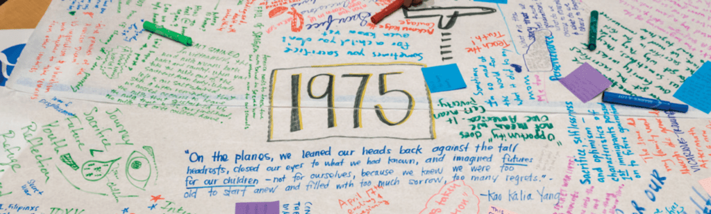 Photo of a piece of paper with "1975" written in the middle. Surrounding it are different quotes and words written by people expressing themselves in regard to health, identity, and healing.