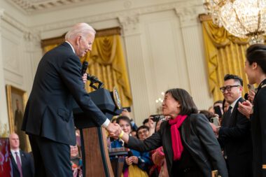 President Joe Biden greets U.S. Trade Representative and White House Initiative on Asian Americans, Native Hawaiians, and Pacific Islanders co-chair Katherine Tai during his remarks at the White House Lunar New Year celebration on Jan. 26, 2023. Photo courtesy of the White House.