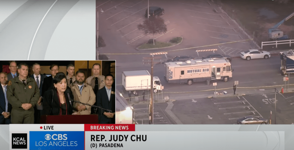 Screenshot of footage from CBS Los Angeles that shows Judy Chu speaking about the Asian American community at a news conference, juxtaposed with an image of first responders at the scene of the Monterey Park shooting.