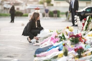 Vice President Kamala Harris pays her respects for the victims of the Monterey Park, California mass shooting at a memorial outside the Star Ballroom Dance Studio on Jan. 25, 2023. Photo courtesy of the White House.