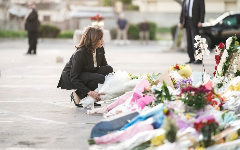 Vice President Kamala Harris pays her respects for the victims of the Monterey Park, California mass shooting at a memorial outside the Star Ballroom Dance Studio on Jan. 25, 2023. Photo courtesy of the White House.