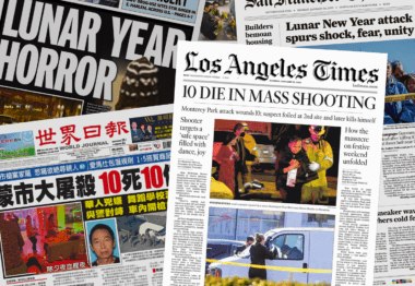 Front pages with coverage of the mass shooting in Monterey Park, California on Jan. 23, 2022.