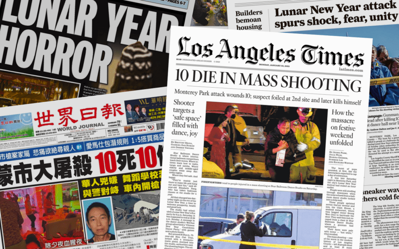 Front pages with coverage of the mass shooting in Monterey Park, California on Jan. 23, 2022.