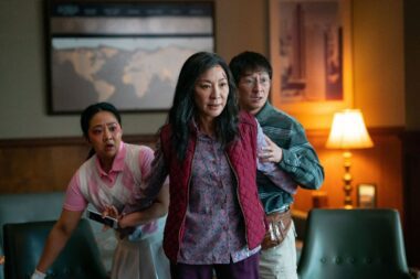 Stephanie Hsu, Michelle Yeoh, and Ke Huy Quan in a scene from Everything Everywhere All at Once. Photo courtesy of A24.