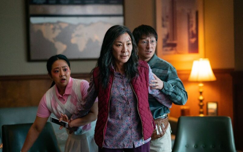 Stephanie Hsu, Michelle Yeoh, and Ke Huy Quan in a scene from Everything Everywhere All at Once. Photo courtesy of A24.
