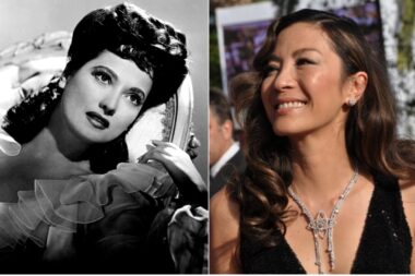 Two separate photos showing the timeline of Asian American representation in Hollywood. The left one is black and white and shows Merle Oberon looking up as she poses. The right shows Michelle Yeoh smiling with her face upturned at a red carpet event.
