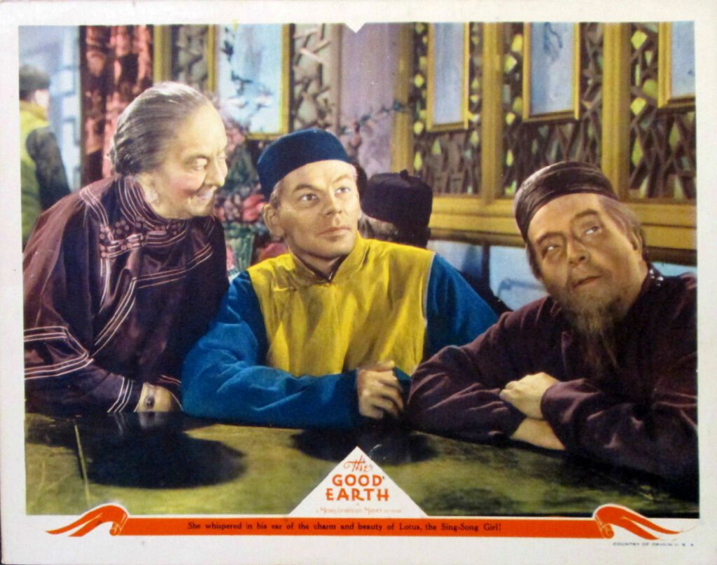 Lobby card showing three white actors in yellowface as they sit in a parlor in a scene from the Hollywood film "The Good Earth."