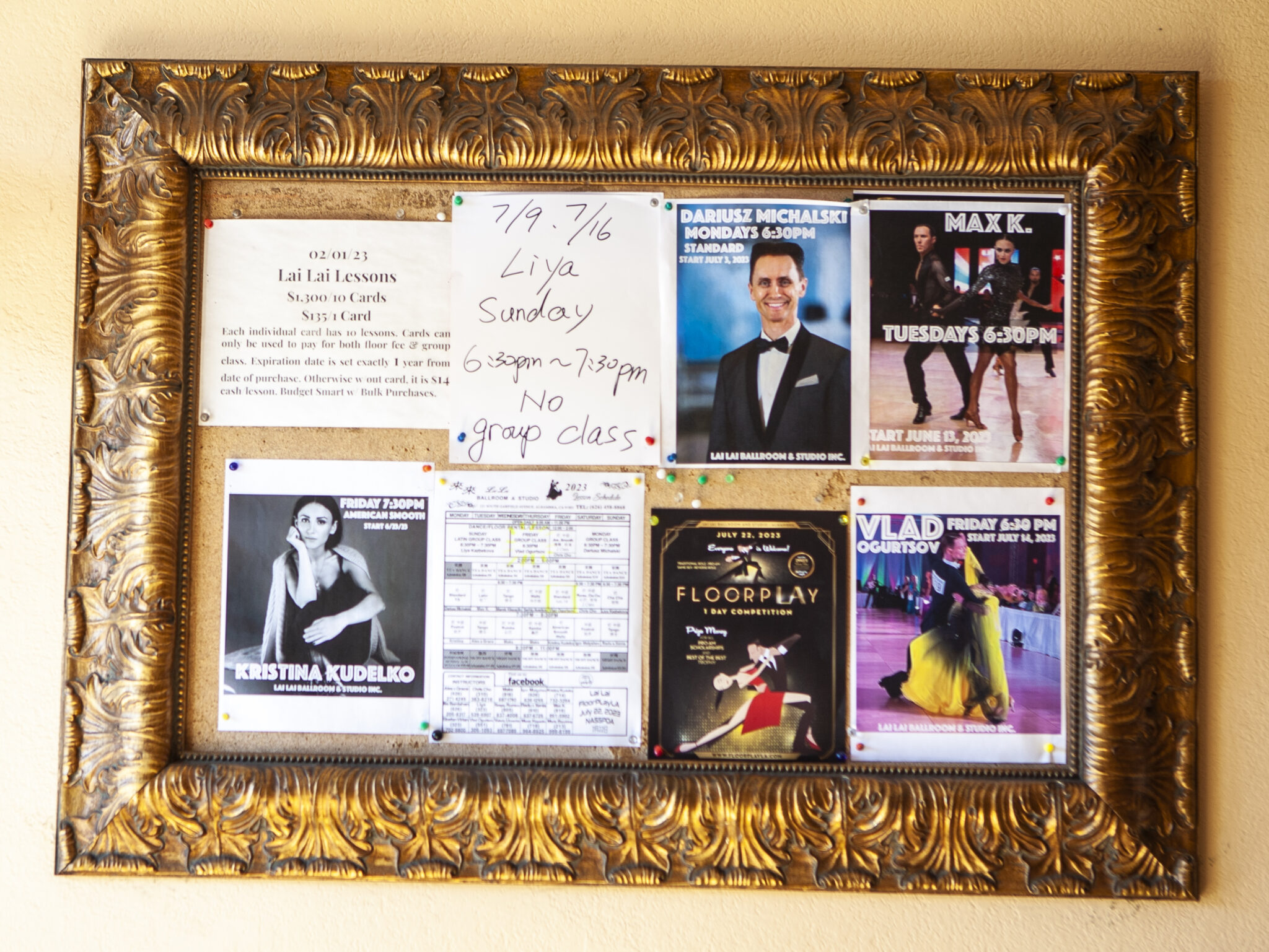 Photo of a bulletin board at Lai Lai showing local Monterey Park dance events