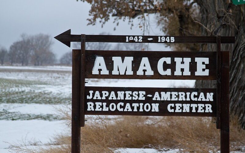 Photo of a sign that says "Amache: Japanese-American relocation center"