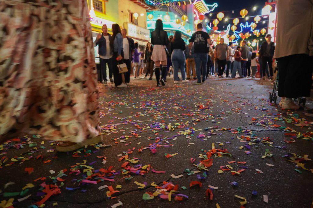 Photo of confetti on the ground at Central Plaza in Los Angeles