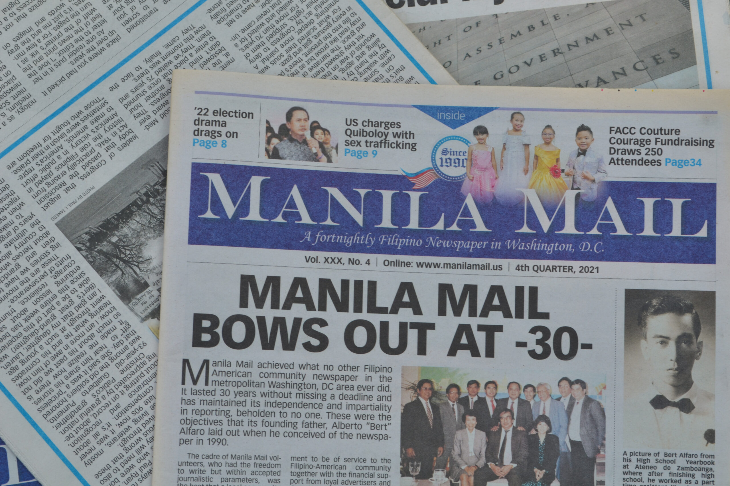 Photo of a copy of Manila Mail with the headline "Manila Mail bows out at -30-"