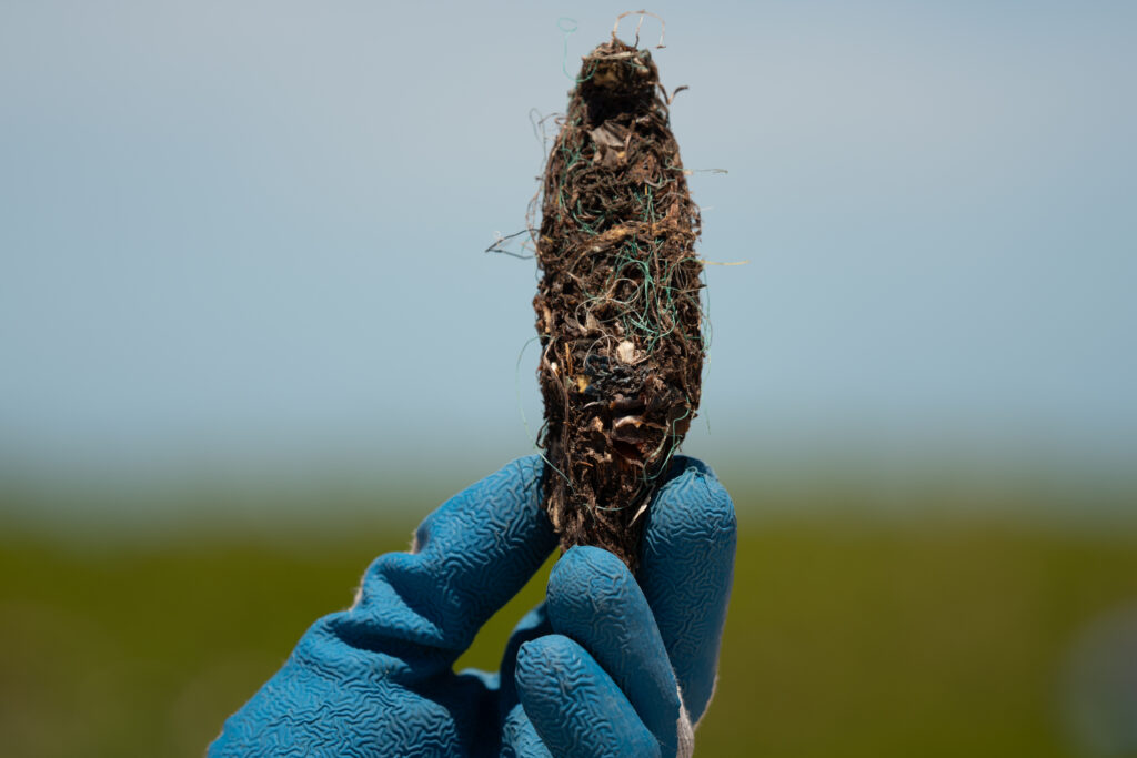 Photo of a ovular cylinder made of marine debris and plastic fiber