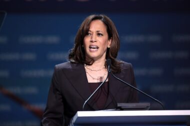 Photo of Kamala Harris speaking from a podium