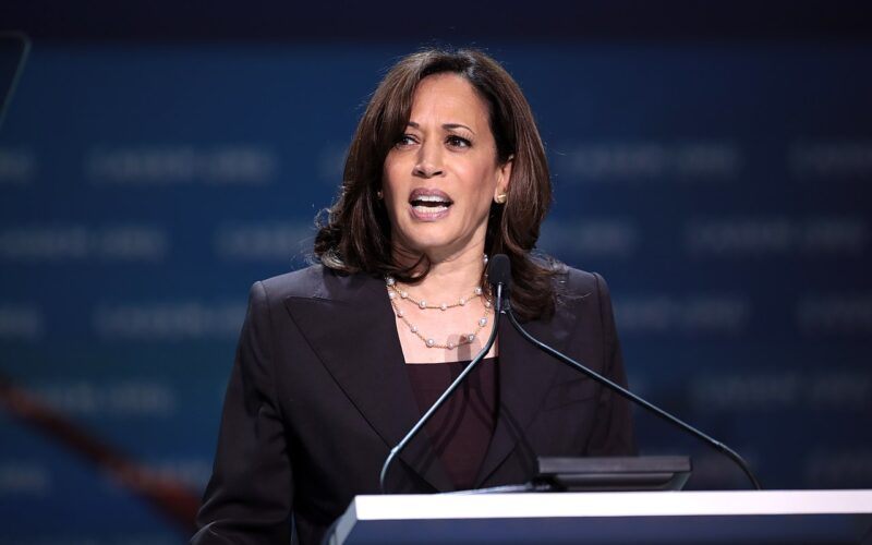 Photo of Kamala Harris speaking from a podium