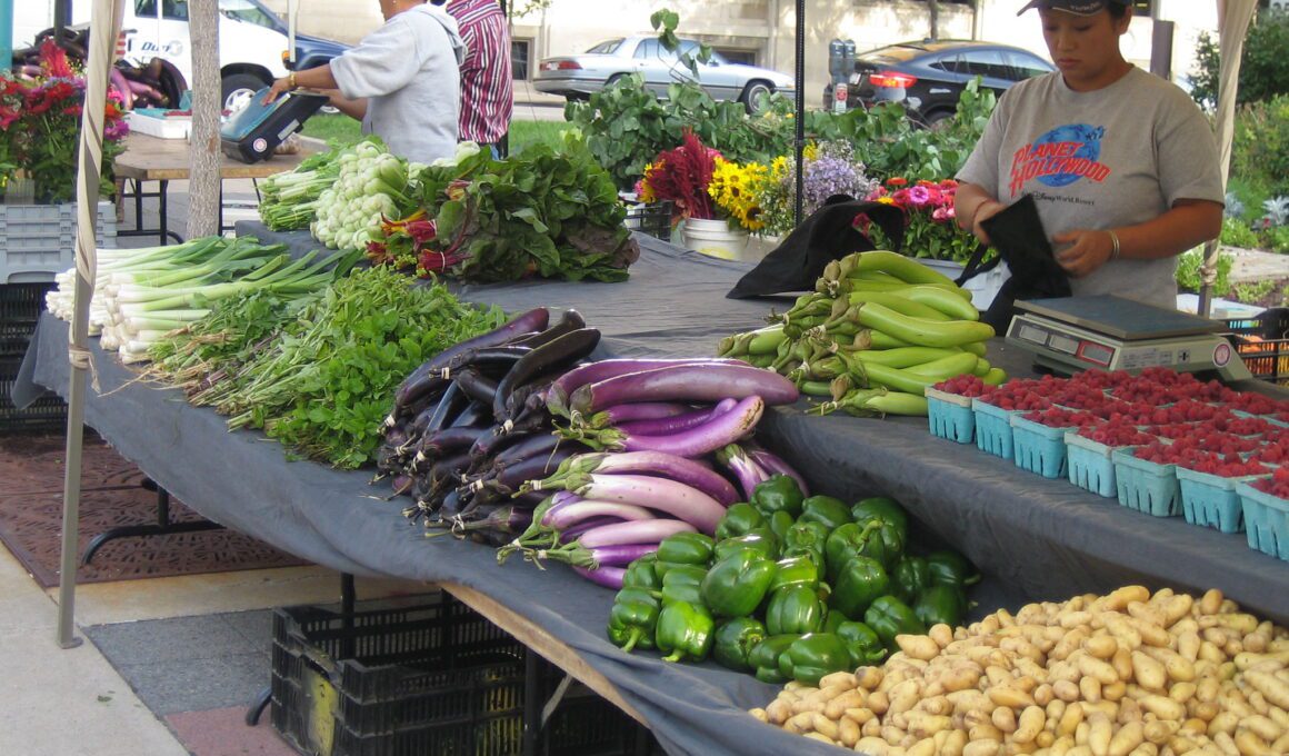 Photo of Asian Americans at an outdoor farmers' market selling groceries in Milwaukee, Wisconsin