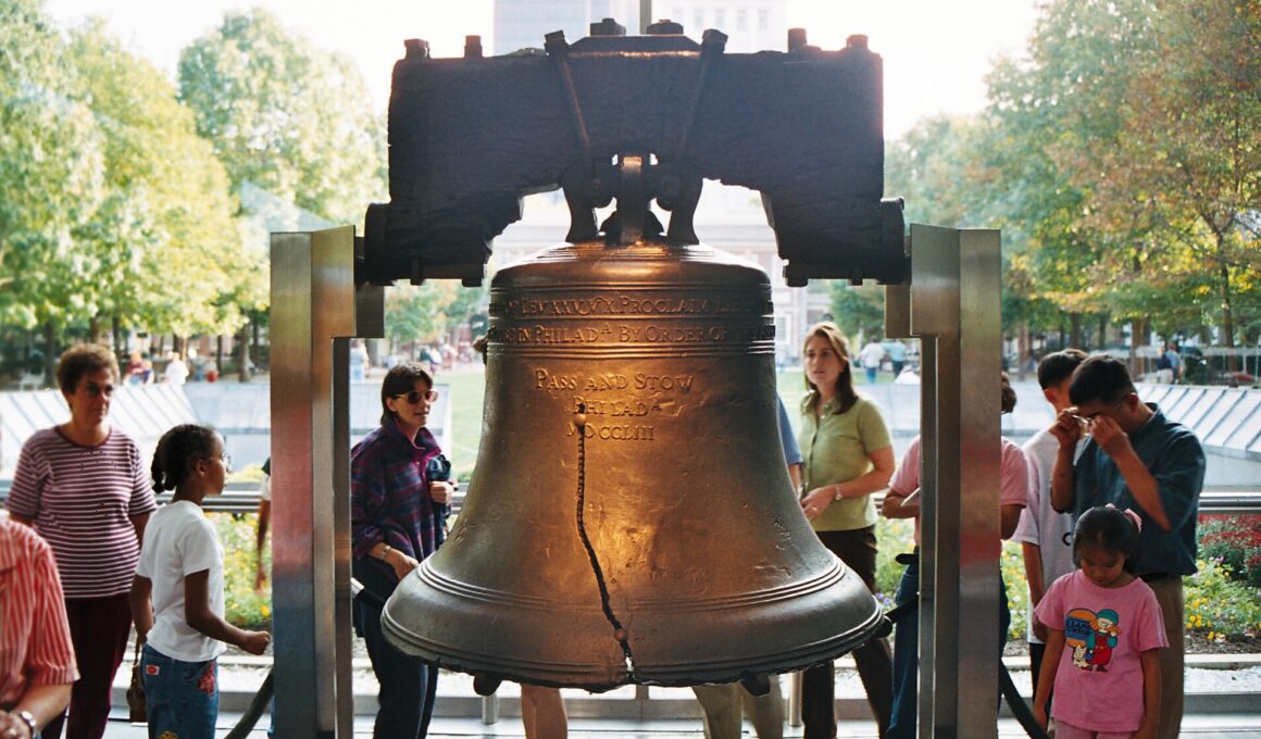 Photo of the cracked Liberty Bell in Philadelphia, Pennsylvania as tourists look on from the backdrop