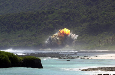 A fireball rises above the 36th Explosive Ordnance Disposal (EOD) Tarague range seconds after the detonation of an M117 bomb, as a part of the flight's training, on Andersen Air Force Base (AFB), Guam.